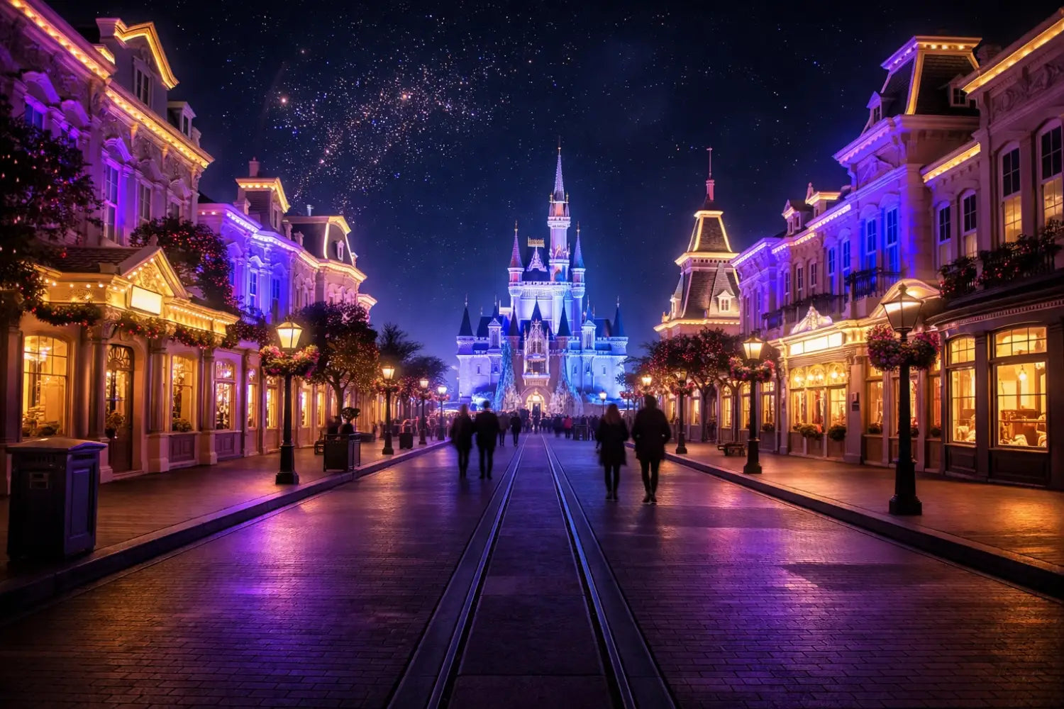 Nearly empty Magic Kingdom Main Street U.S.A. glowing at night during an exclusive DVC Moonlight Magic event.