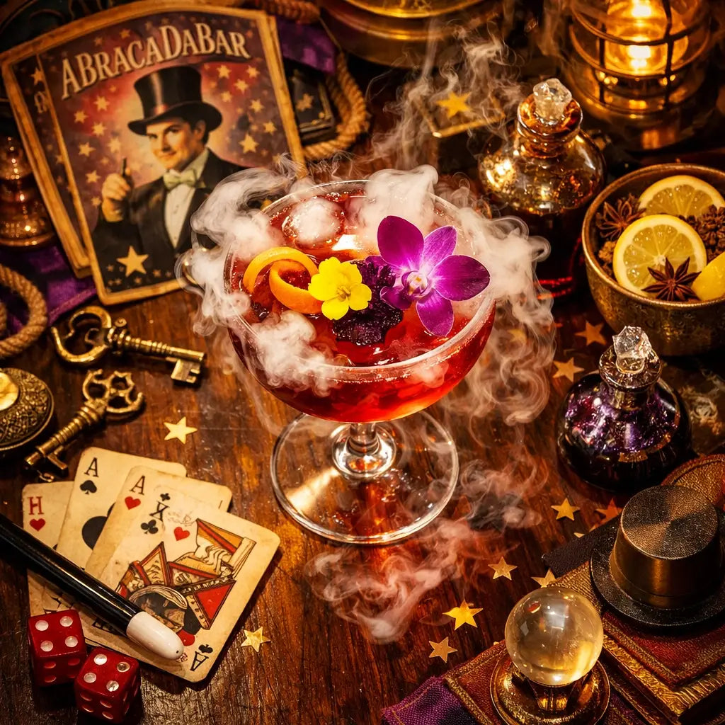 Craft cocktail at AbracadaBar lounge with vintage magic-themed decor at BoardWalk Inn