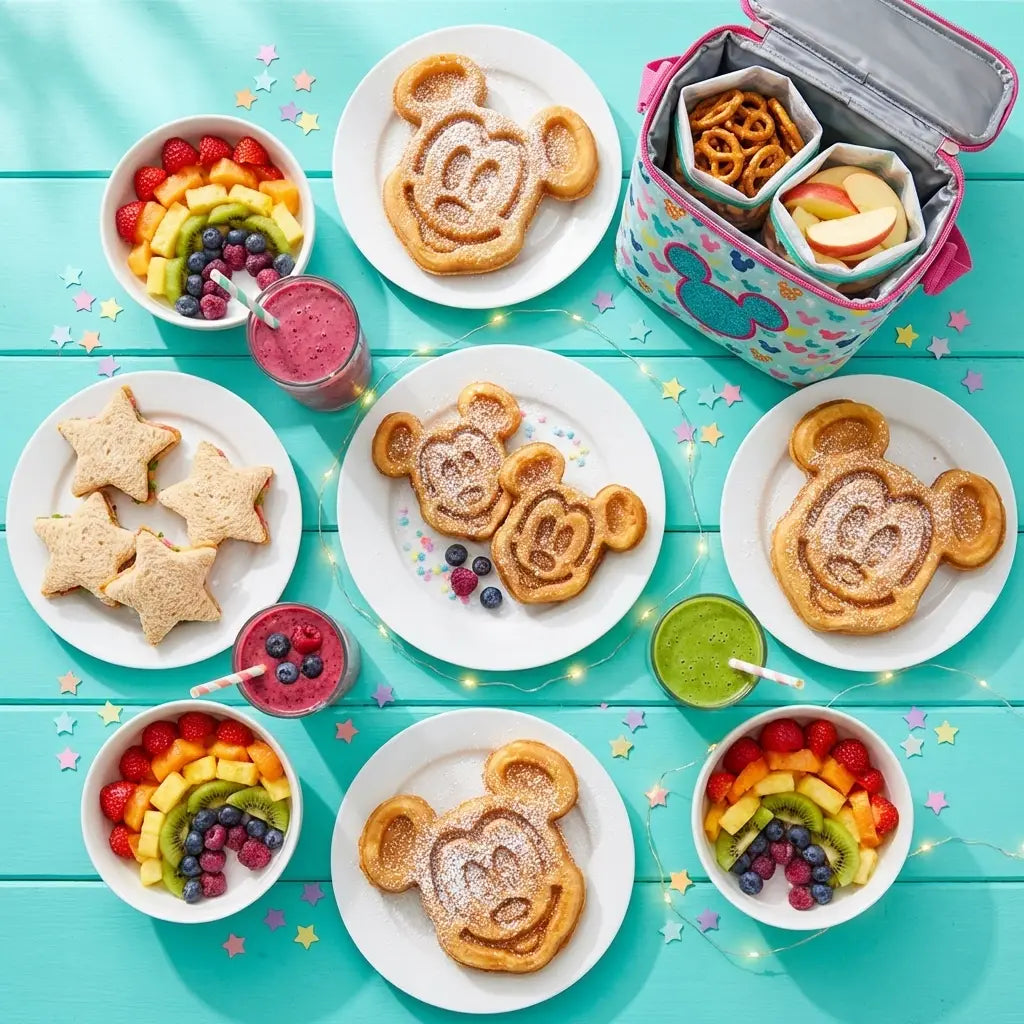 Magical Disney-inspired family meal setup with Mickey waffles and colorful snacks, ideal for budget-friendly dining.
