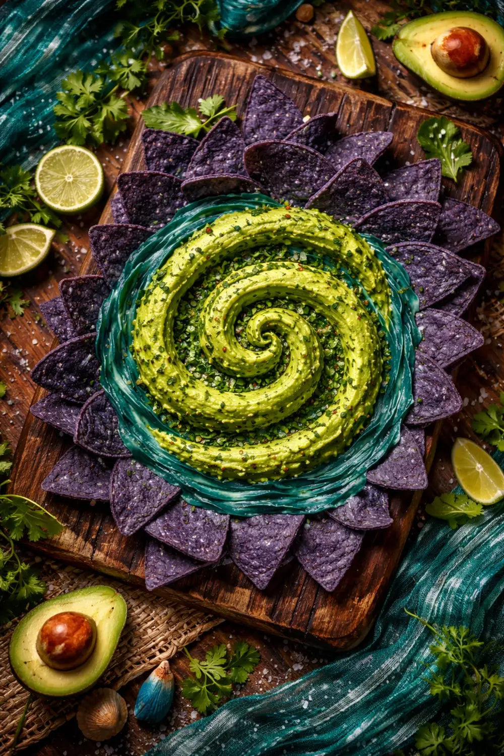 Guacamole shaped as the Heart of Te Fiti spiral surrounded by blue corn chips, inspired by Moana's Polynesian adventure