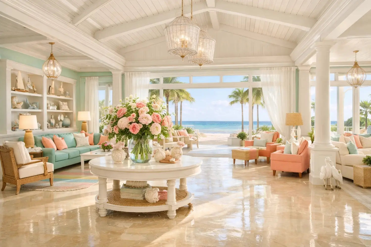 Disney's Beach Club Resort lobby with pastel decor and natural sunlight