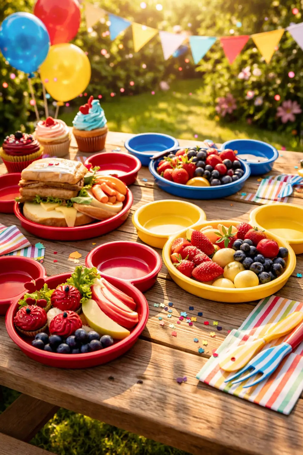 Outdoor picnic table with Mickey Mouse-shaped melamine plates, summer foods, and festive Disney-themed decorations