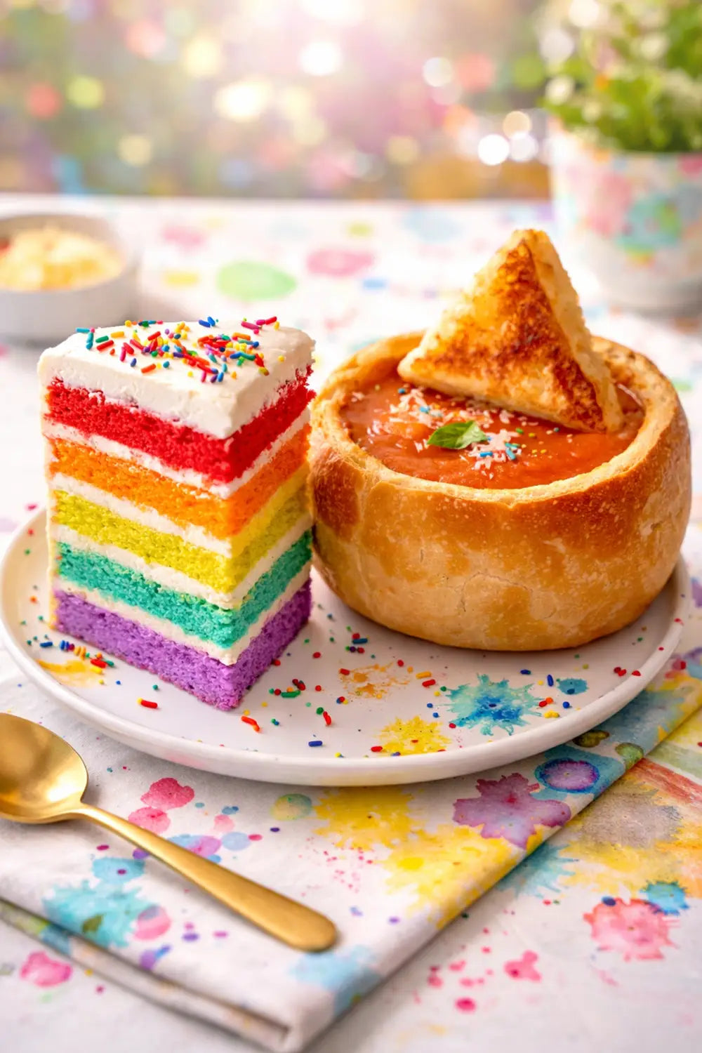 Rainbow Cake slice and tomato soup with grilled cheese from EPCOT Pop Eats! for a Disney Festival of the Arts lunch