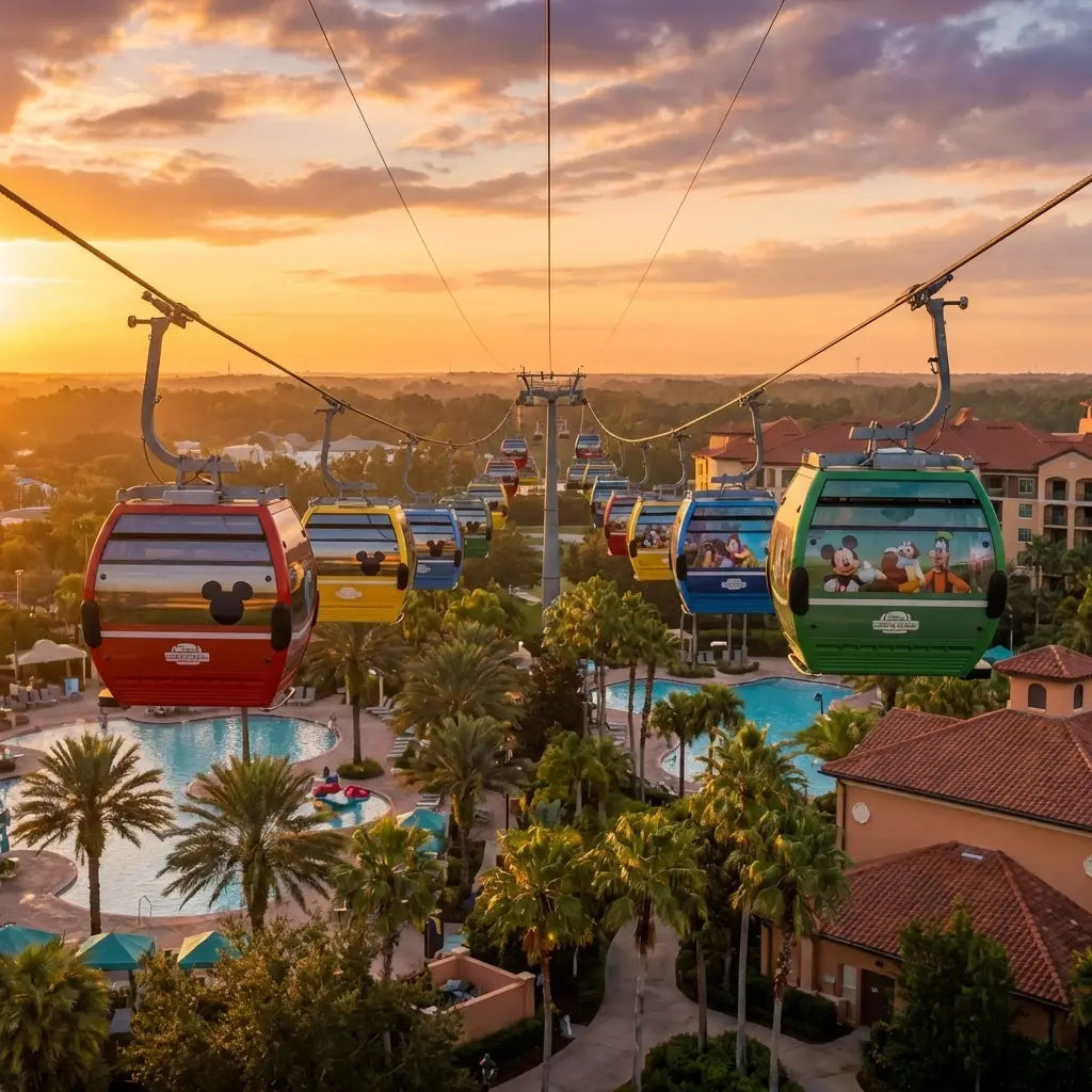 Disney Skyliner gondolas gliding over palm trees at sunset between EPCOT and Hollywood Studios resorts