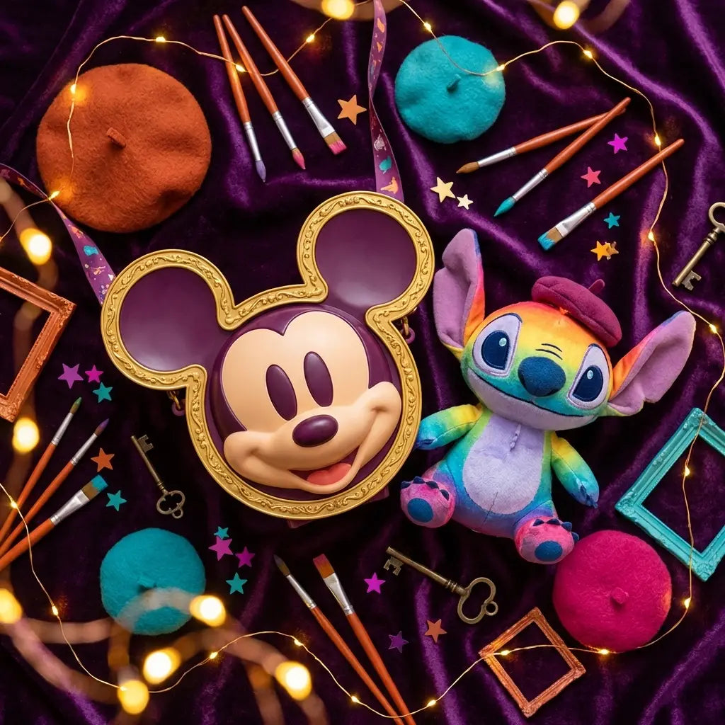 Flat-lay of collectible Figment popcorn bucket, plush, and Disney festival accessories on purple velvet.