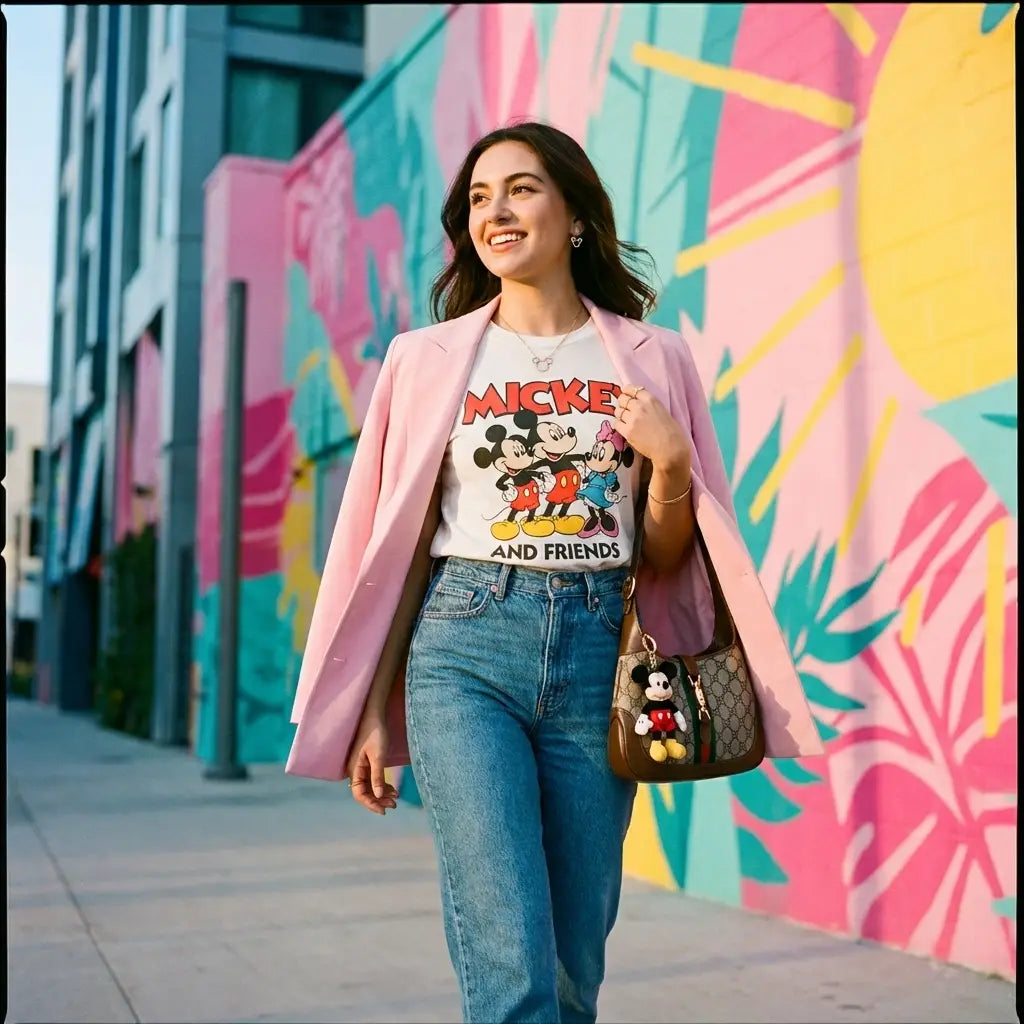 Woman wearing casual Disney graphic tee with jeans and blazer for everyday Disney style