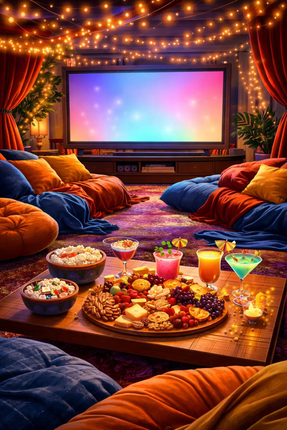 Cozy Pixar-inspired adult movie night setup with themed snacks, cocktails, and magical lighting