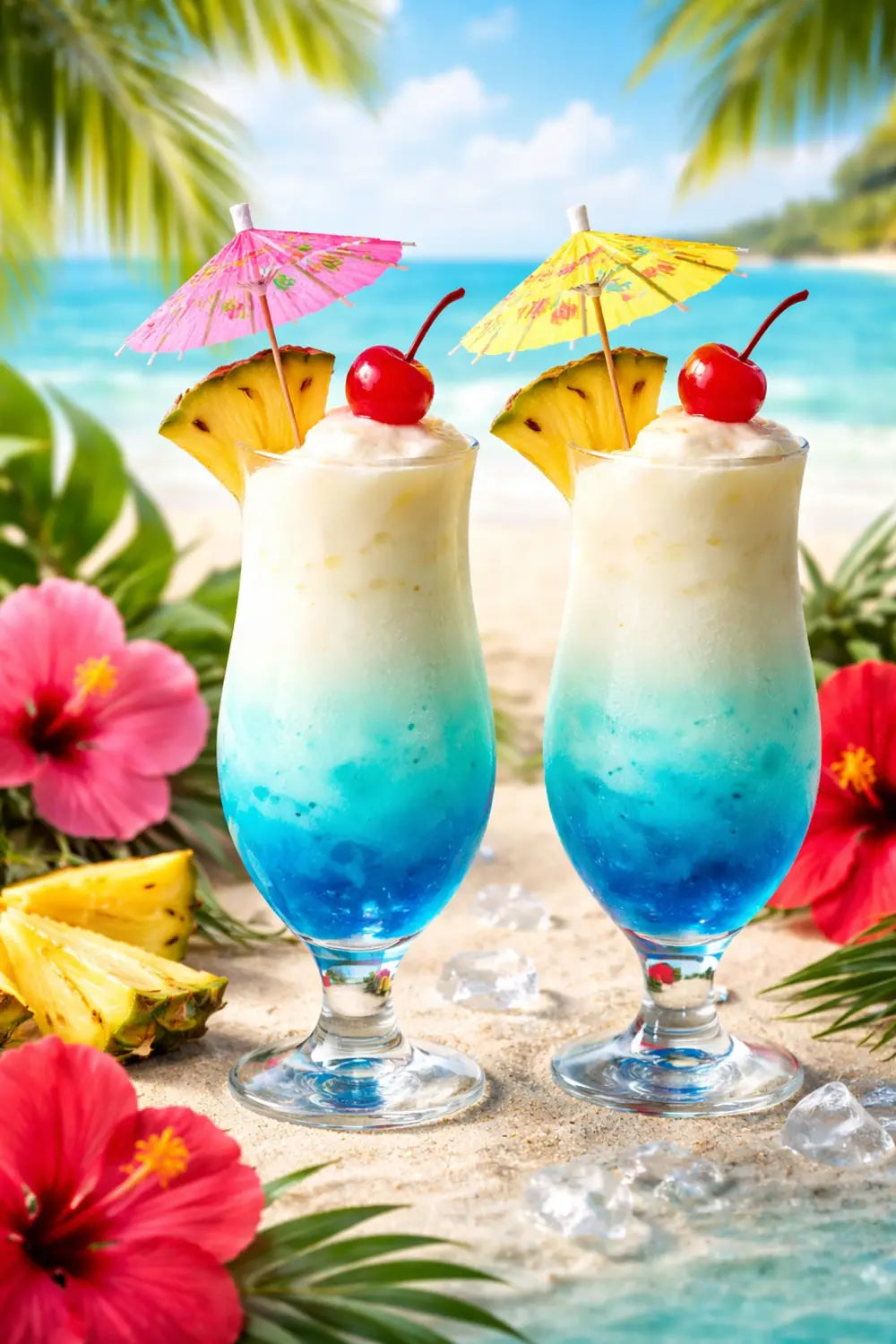 Tropical paradise punch with pineapple and coconut, garnished with fruit and umbrellas, inspired by Lilo & Stitch