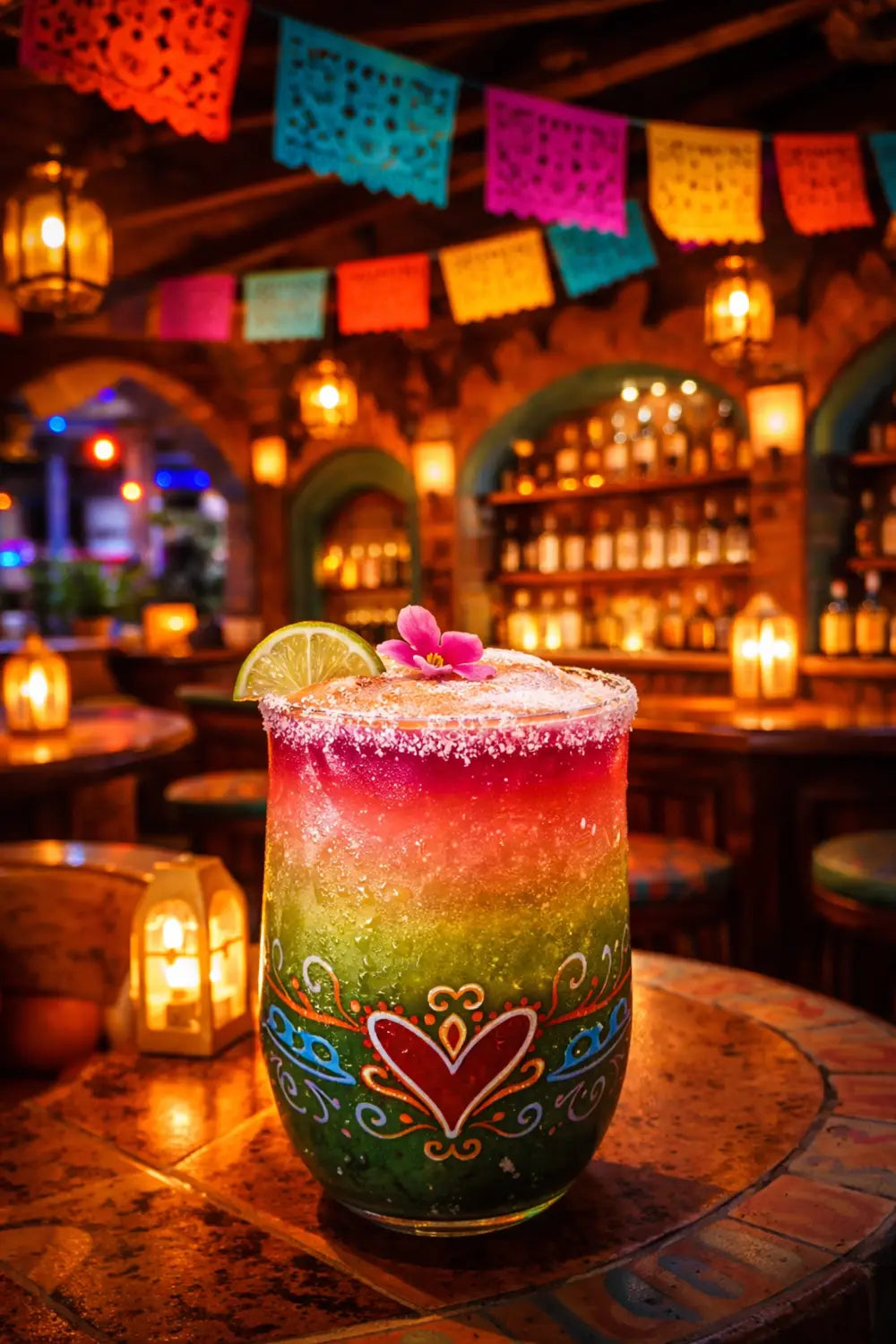 Interior of EPCOT Mexico Pavilion's La Cava del Tequila with a colorful Artgarita cocktail in a souvenir cup