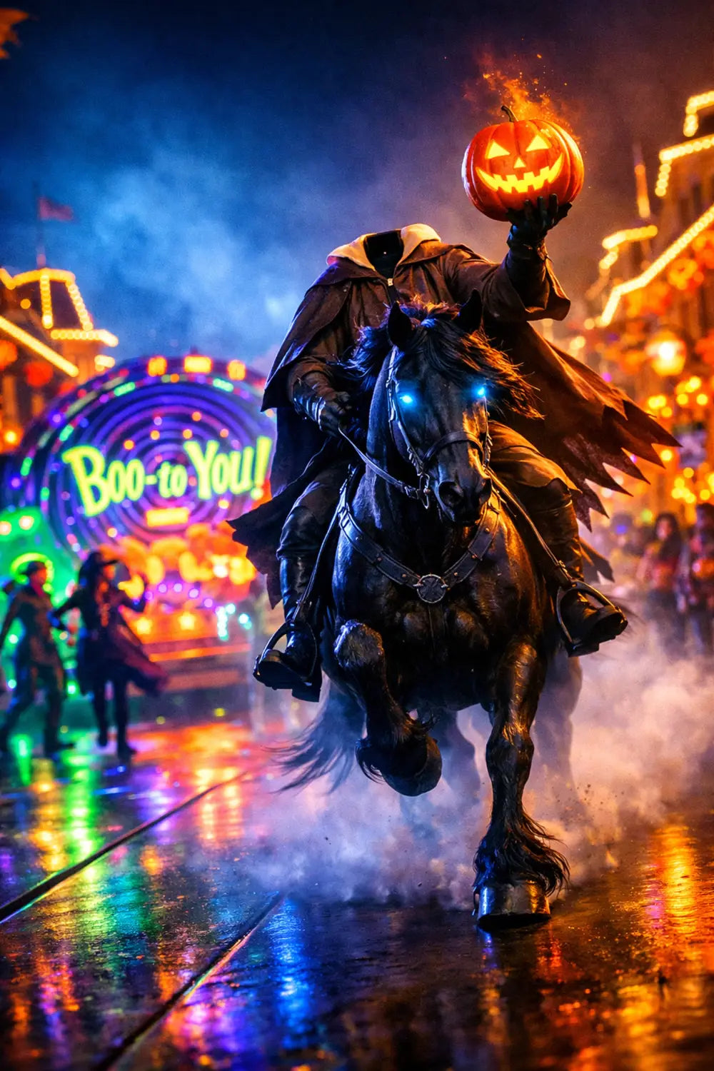 The Headless Horseman riding through Magic Kingdom during Mickey's Boo-to-You Halloween Parade at Walt Disney World.