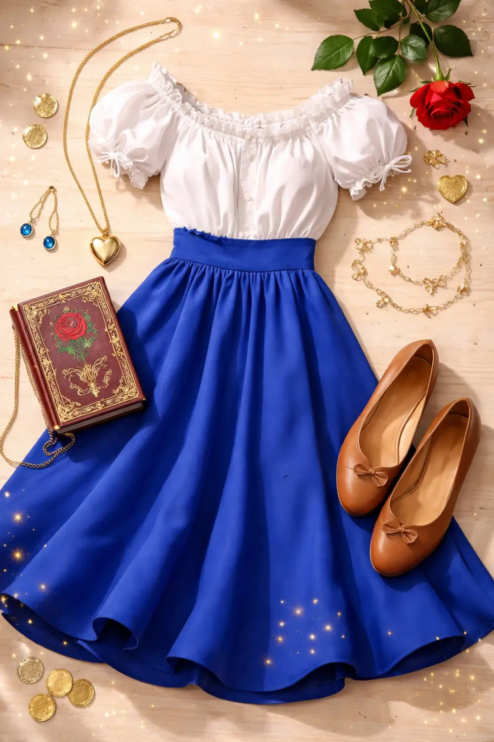 Flat lay of Disney Bounding clothing and accessories inspired by Belle, perfect for adult Disney fans