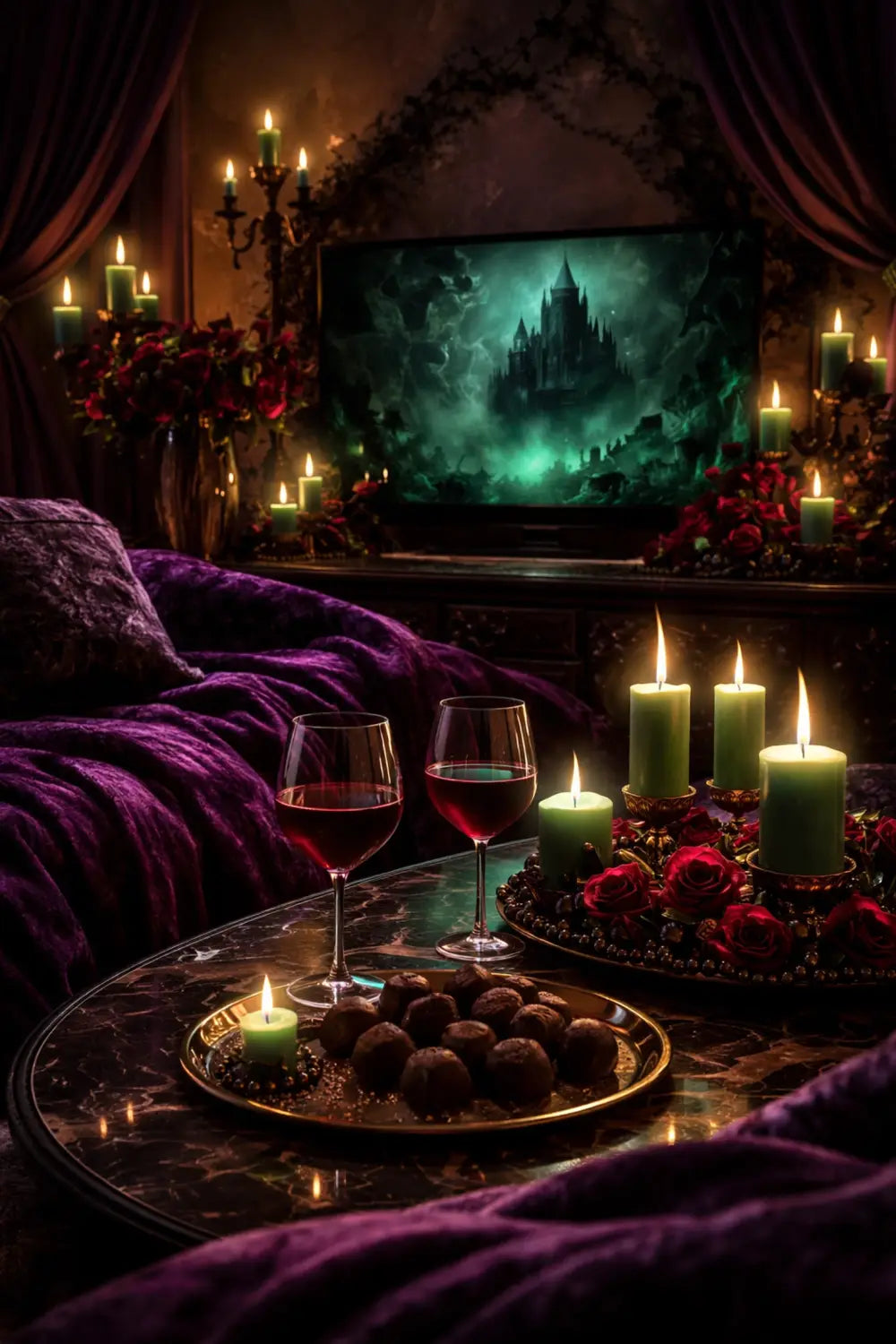 Cozy living room setup for a Disney villain movie marathon Valentine's date night at home