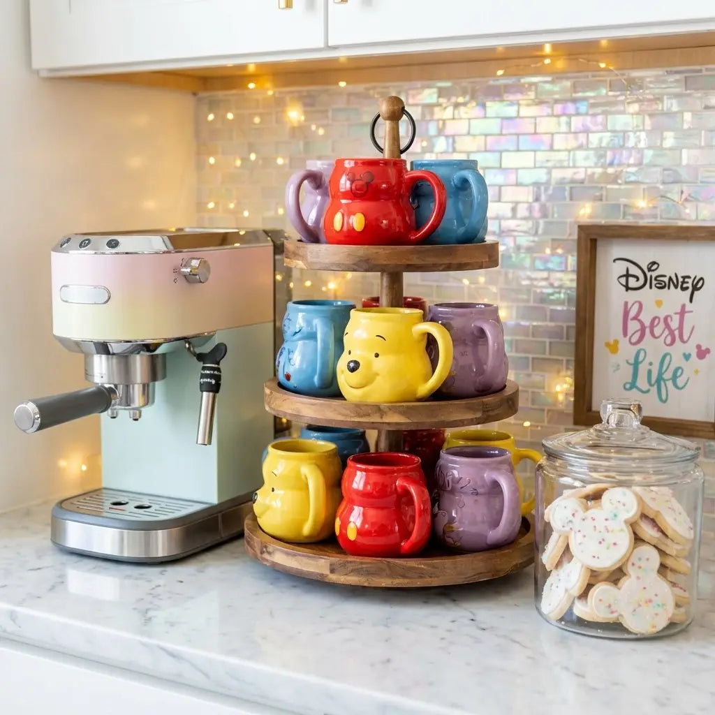 Disney kitchen coffee bar with themed mugs and Mickey-shaped cookies.