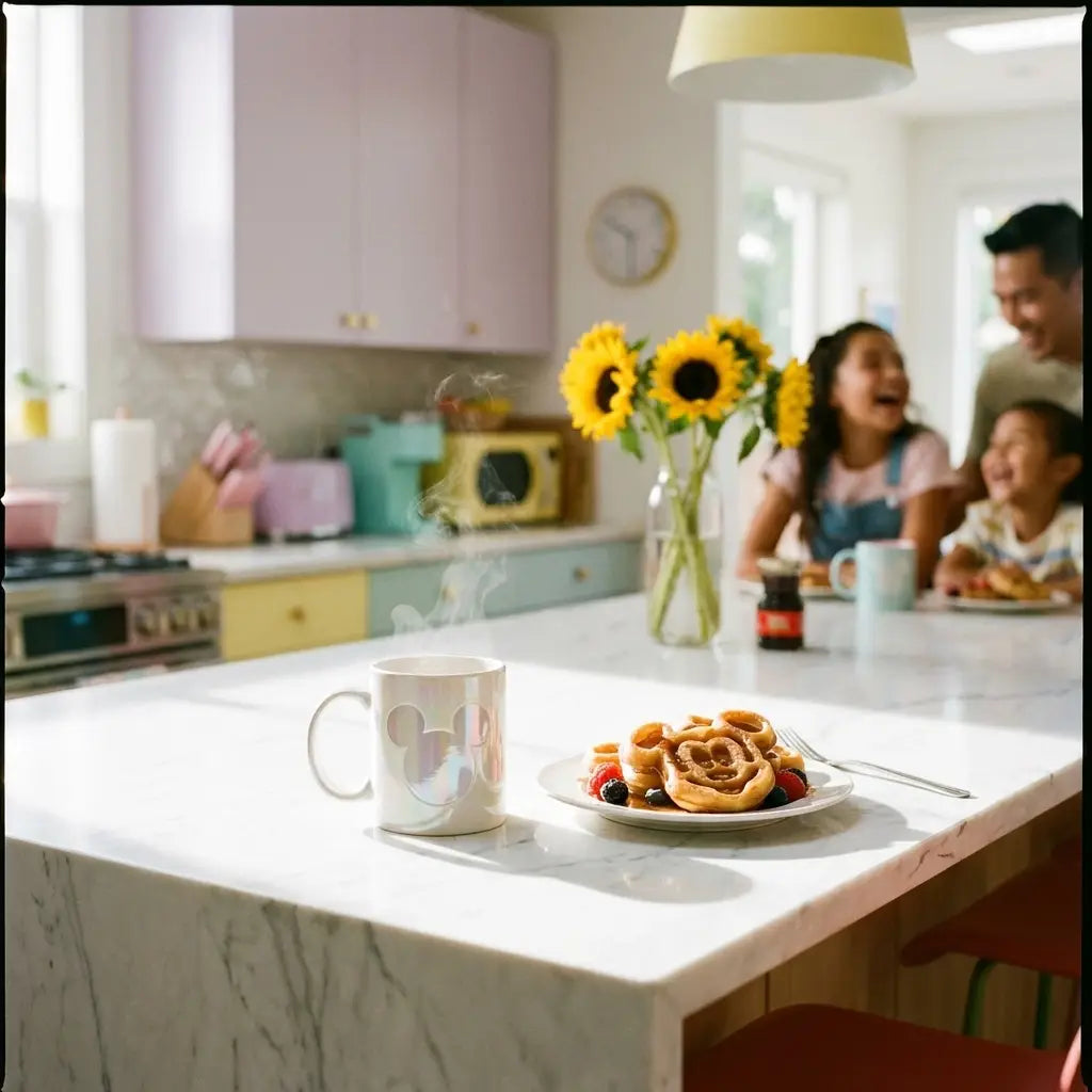 Disney inspired breakfast featuring Mickey Mouse waffles and a Mickey silhouette coffee mug on a kitchen island.