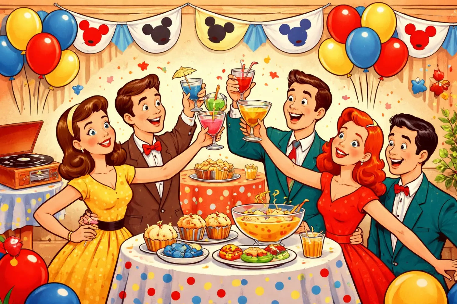 Retro Disney birthday party scene with colorful balloons, vintage Mickey decor, and guests in 1950s attire raising cocktails
