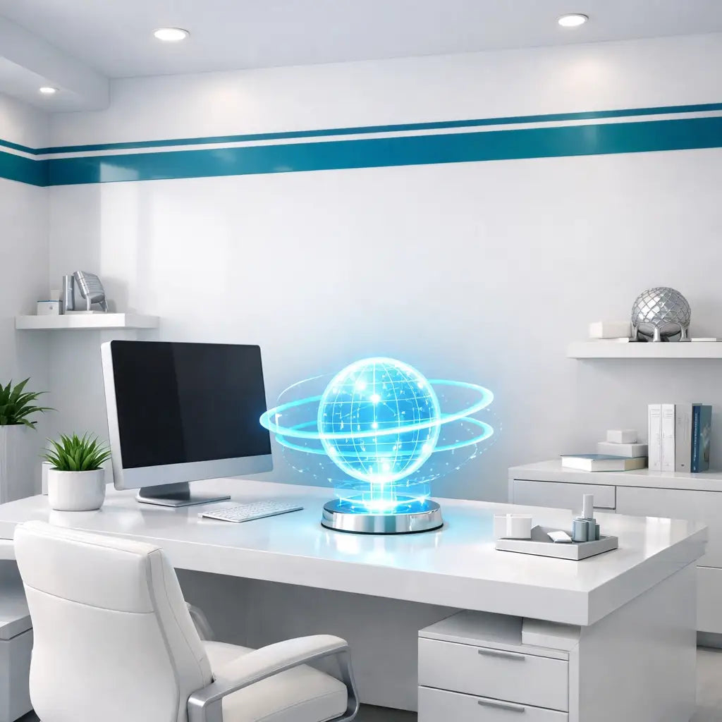 Minimalist home office with a teal monorail-inspired accent stripe along the ceiling line.