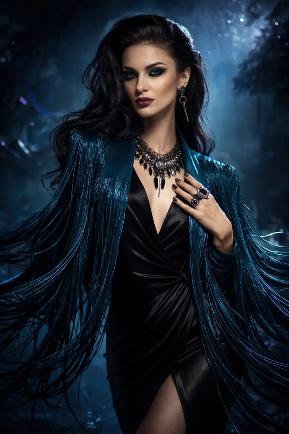 Glamorous woman in villain-inspired teal fringed jacket with bold jewelry and a dramatic sea witch setting