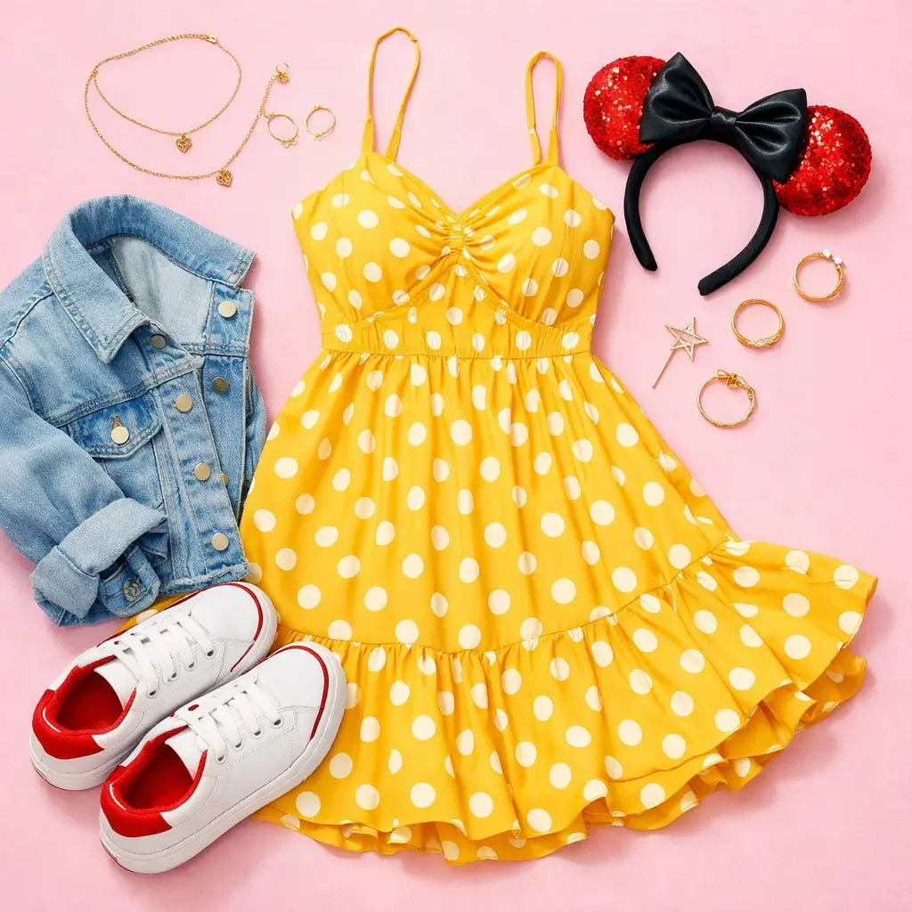 Magic Kingdom outfit with yellow polka dot sundress, Minnie ears, white sneakers, and denim jacket