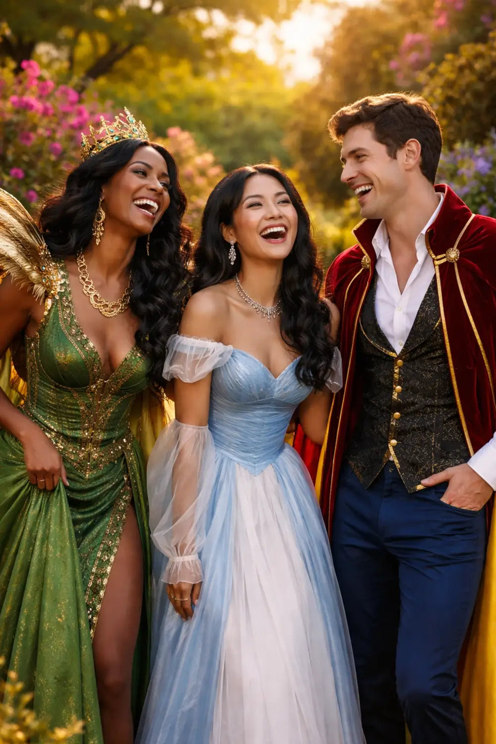 Three adults in Disney-inspired outfits enjoying a colorful garden, showcasing group Disney Bounding ideas