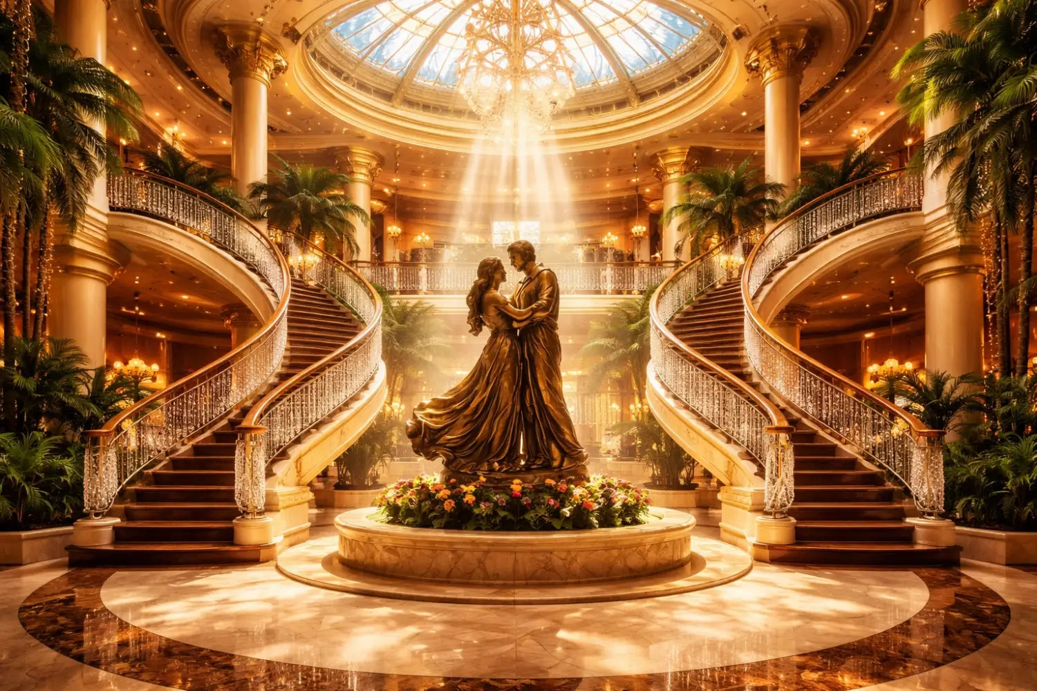 Grand atrium on Disney Treasure featuring a bronze statue, curved staircases, and magical sunlight