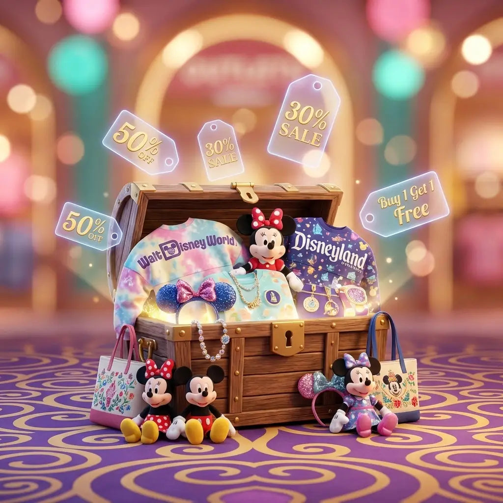 Treasure chest overflowing with discounted Disney outlet merchandise such as spirit jerseys and Mickey ears