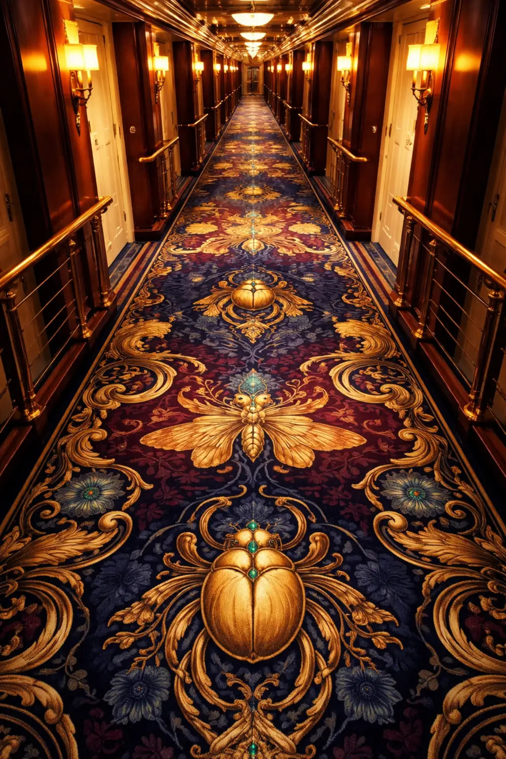 Disney Treasure cruise ship hallway with ornate carpet, golden beetles, and butterfly patterns for navigation