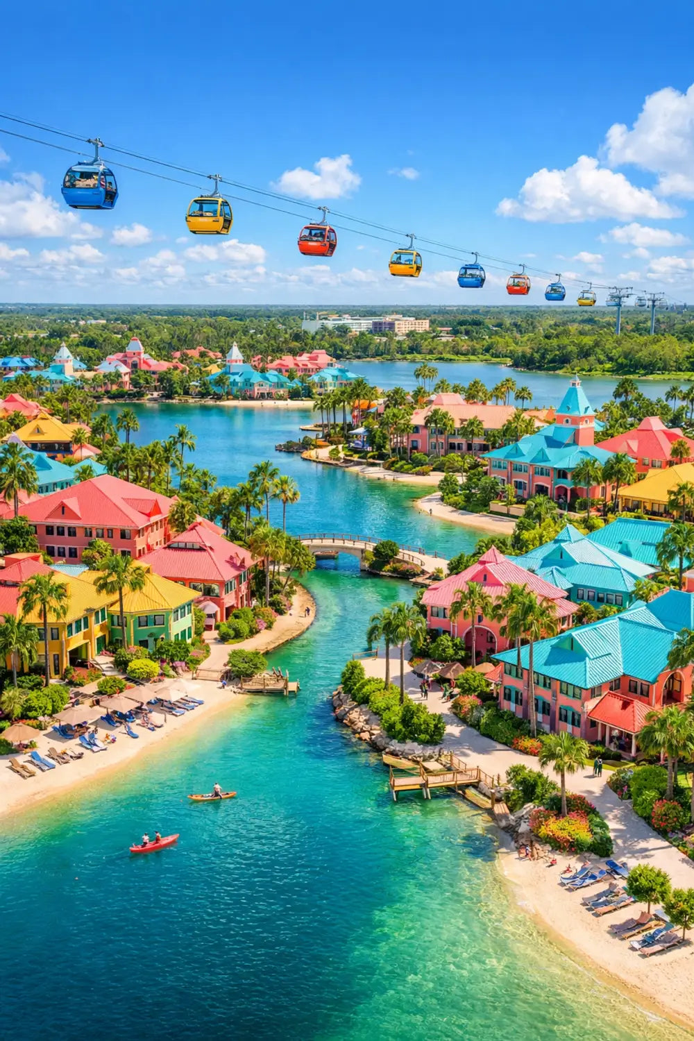 Aerial view of Disney's Caribbean Beach Resort showing colorful island villages and Skyliner gondolas