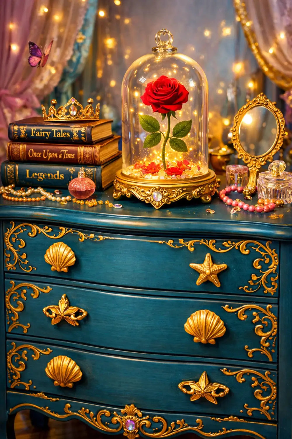 Refurbished teal Disney princess dresser with gold accents and an enchanted rose decor.