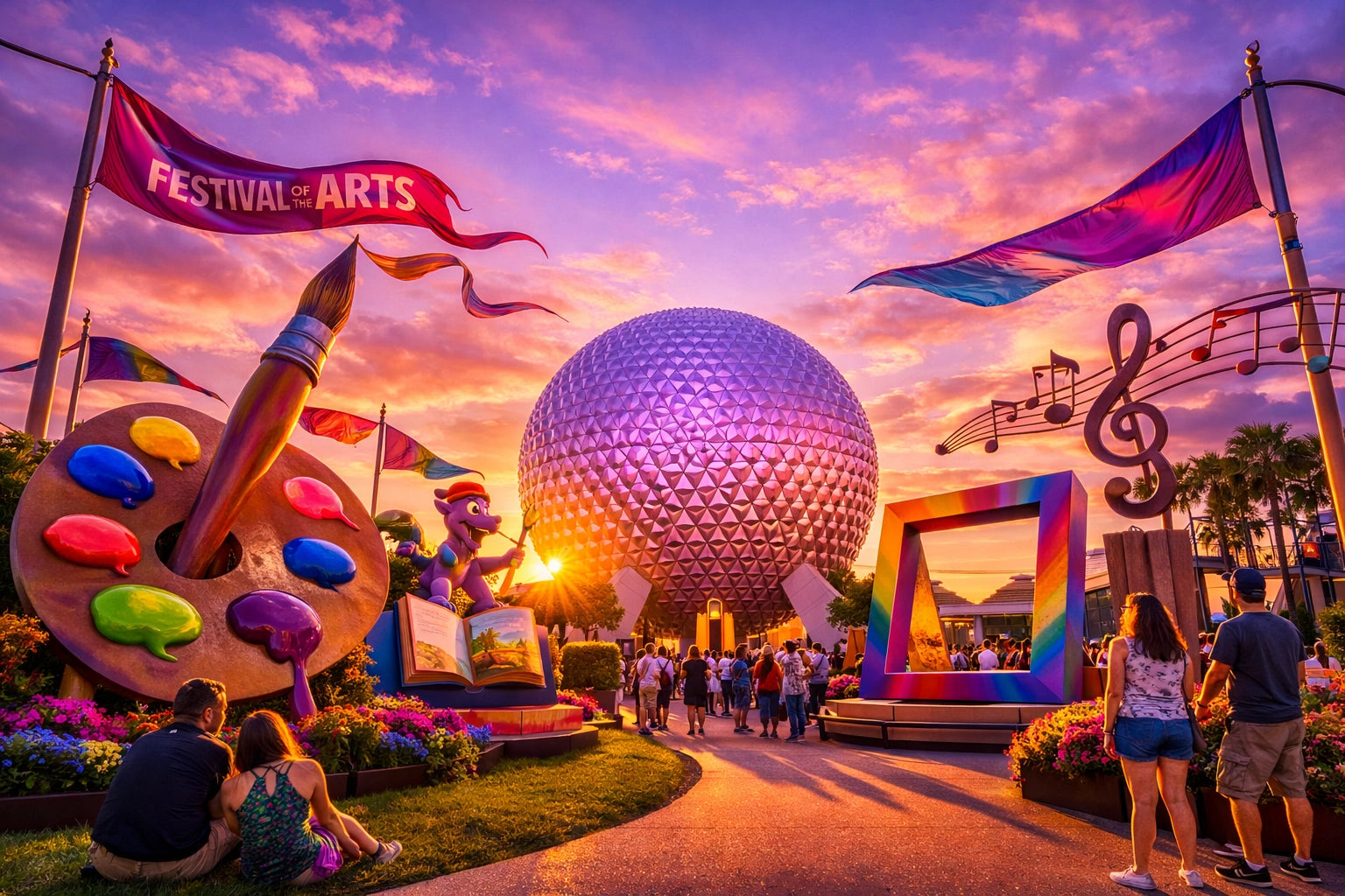 EPCOT Festival of the Arts with Spaceship Earth at sunset in February 2026