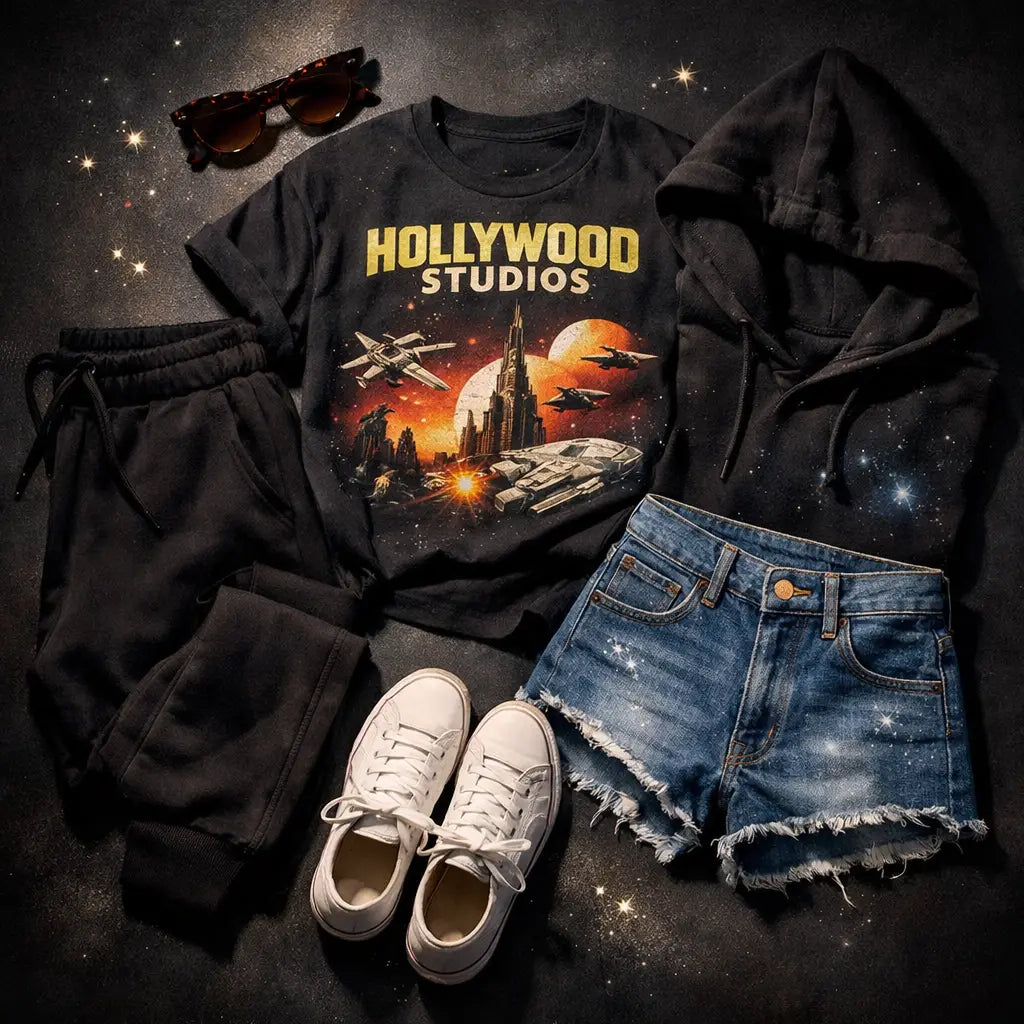 Hollywood Studios Galaxy's Edge outfit with black joggers, vintage tee, and Star Wars inspired hoodie