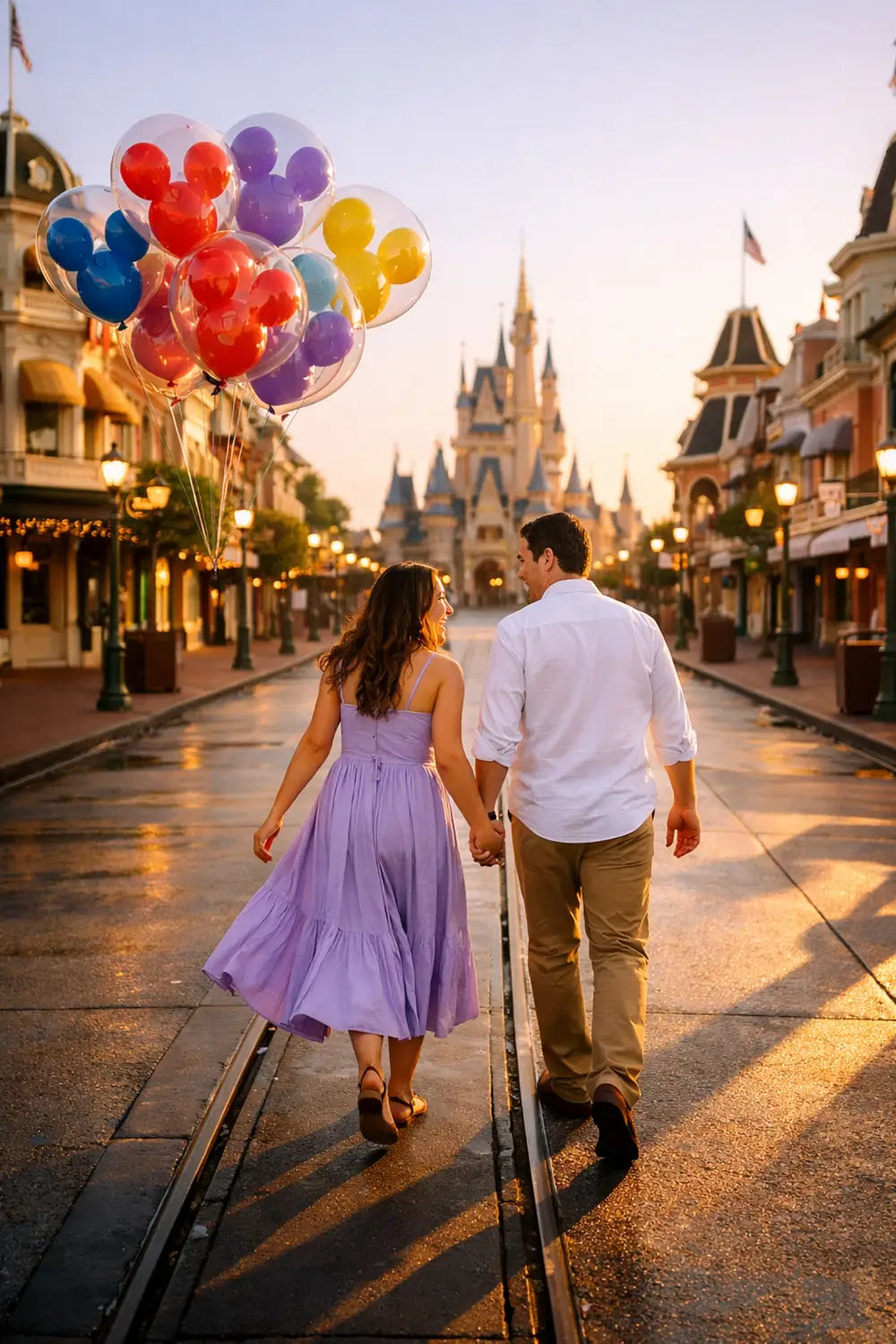 Couple walking hand-in-hand on Main Street USA at Magic Kingdom during golden hour with balloons