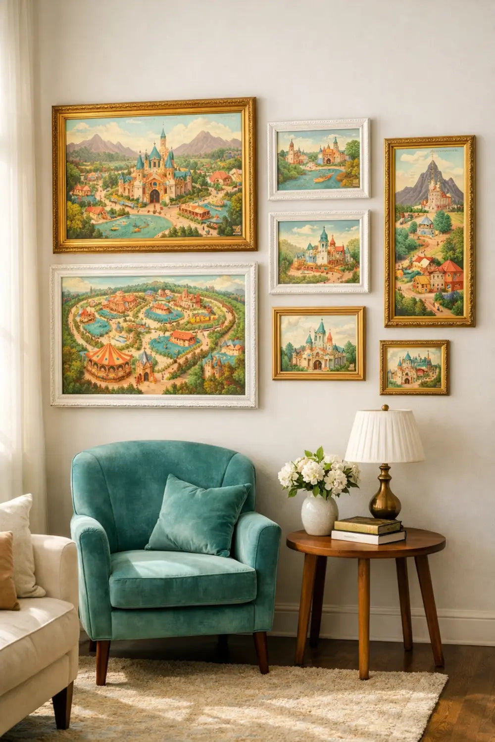 Sophisticated gallery wall with colorful framed vintage Disney World maps and a teal armchair.