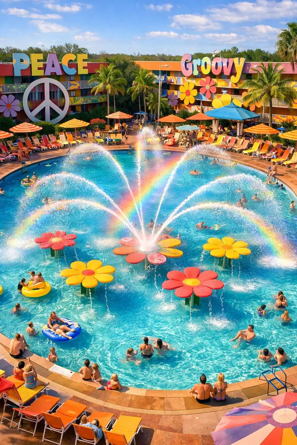 Hippy Dippy Pool with flower water jets at Disney's Pop Century Resort