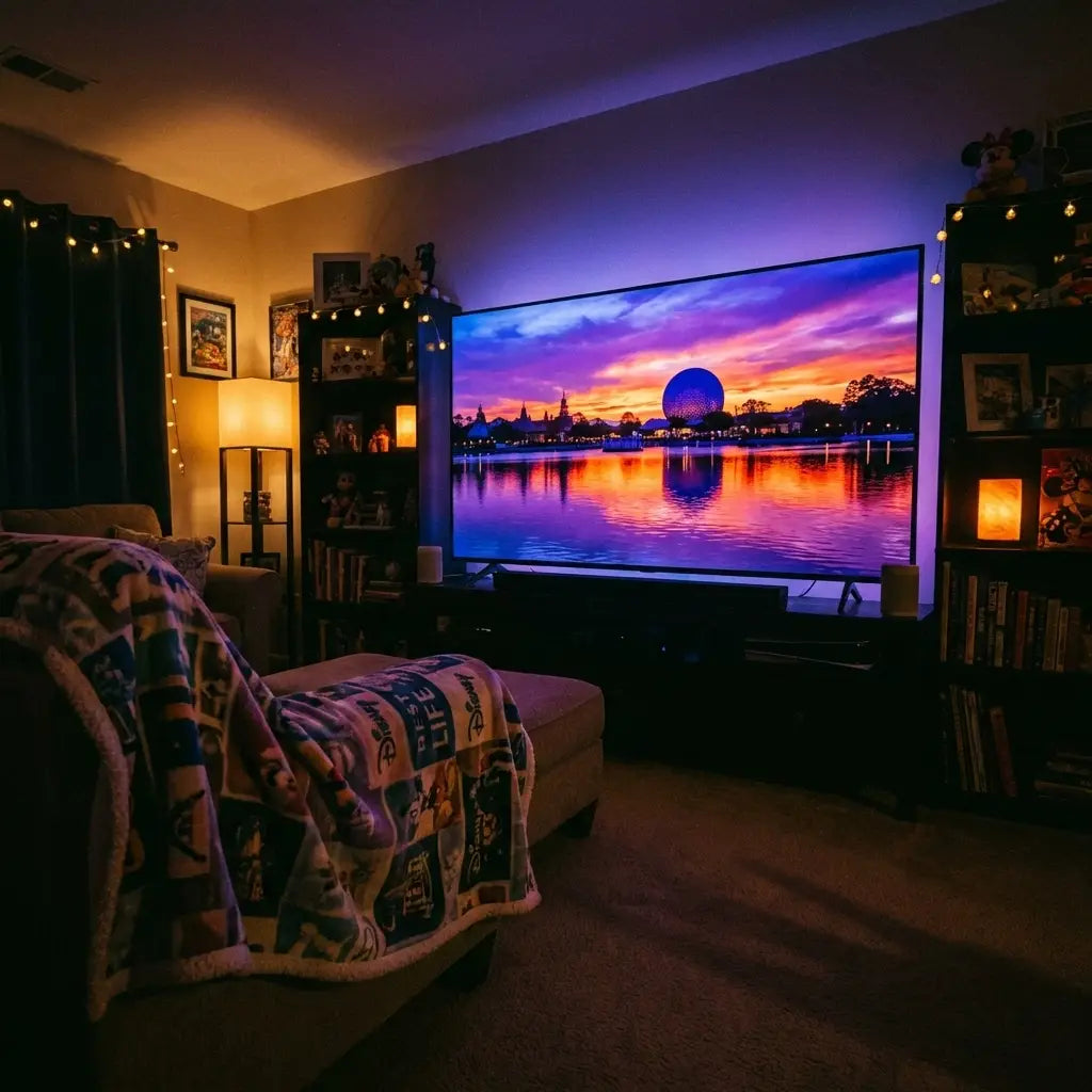 A cozy living room with a TV displaying a beautiful EPCOT World Showcase sunset over the water.