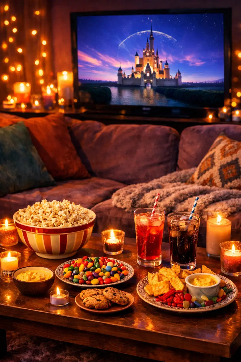 Cozy Disney movie night setup with popcorn, snacks, candles and comfortable blankets at home