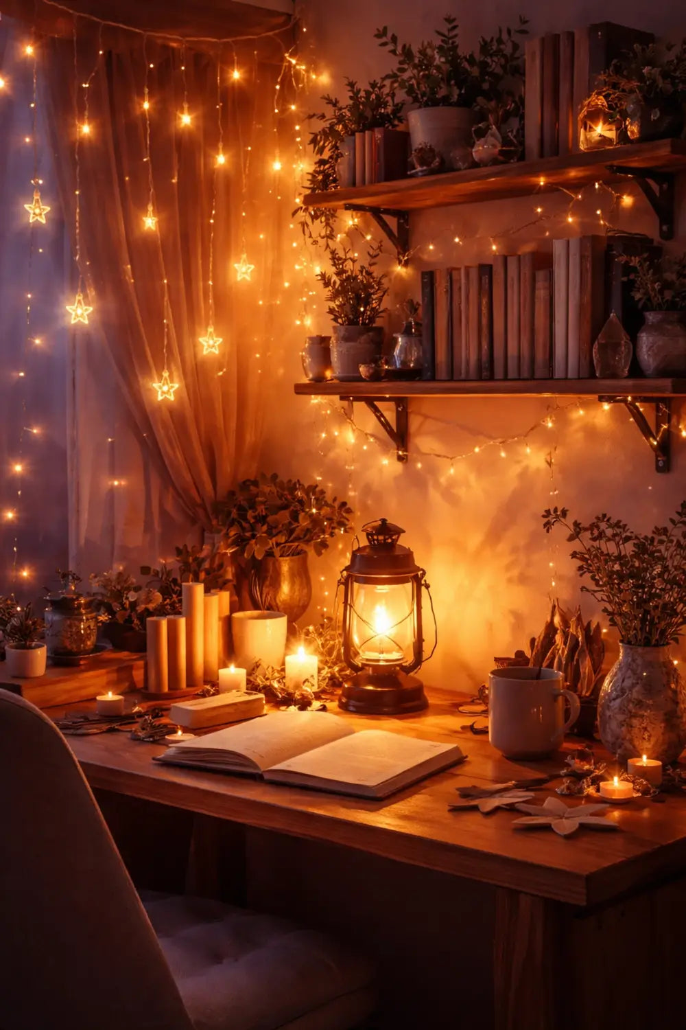 Magical home office corner with glowing fairy lights, cozy desk lamp, and Disney-inspired enchanted ambience.