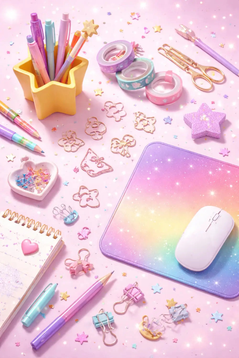 Whimsical Disney office supplies including character paperclips and colorful washi tape on a vibrant desk.