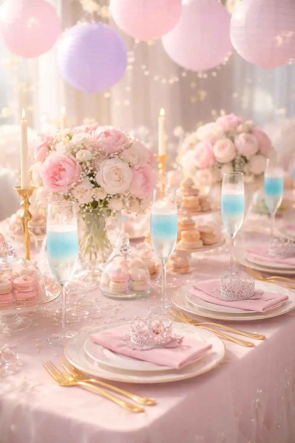 Elegant princess brunch table with pink and gold settings, blue ombre mimosas, tiaras, and pastel lanterns for a royal Disney celebration