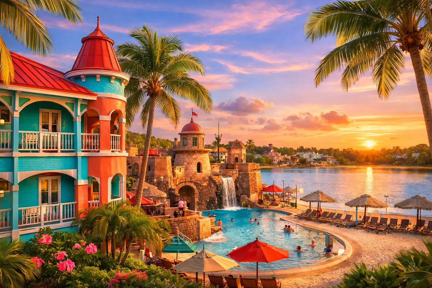 Caribbean Beach Resort tropical island village with Fuentes del Morro Pool and lake views