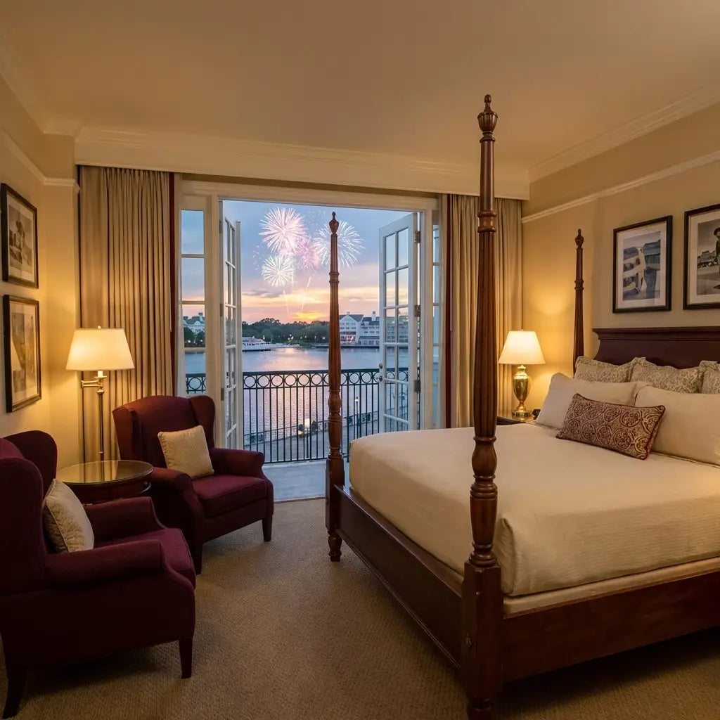 BoardWalk Inn resort room with Crescent Lake view and Epcot fireworks from balcony