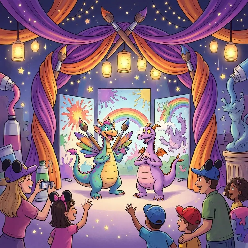 Guests meeting Figment the purple dragon at EPCOT in a vibrant, artistic meet-and-greet area surrounded by creative decorations
