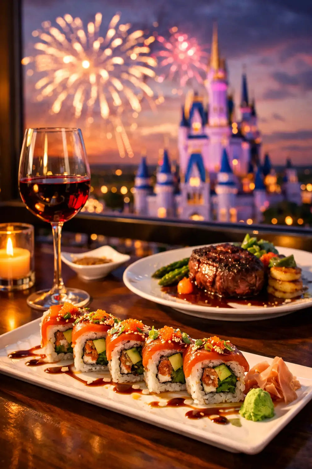 California Grill dining with gourmet cuisine and Magic Kingdom fireworks view from Contemporary Resort