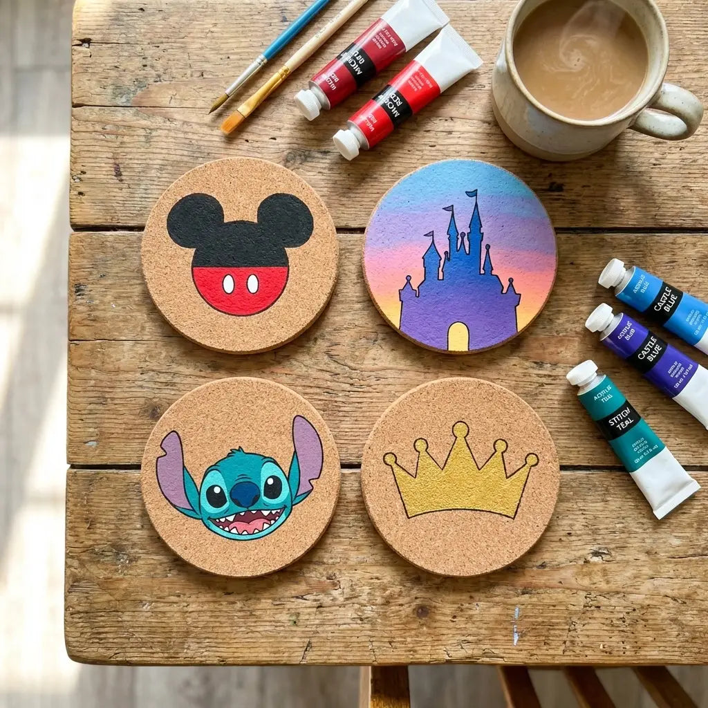 Disney-themed handmade coasters with Mickey ears, castles, and other characters on a rustic table with paint supplies.