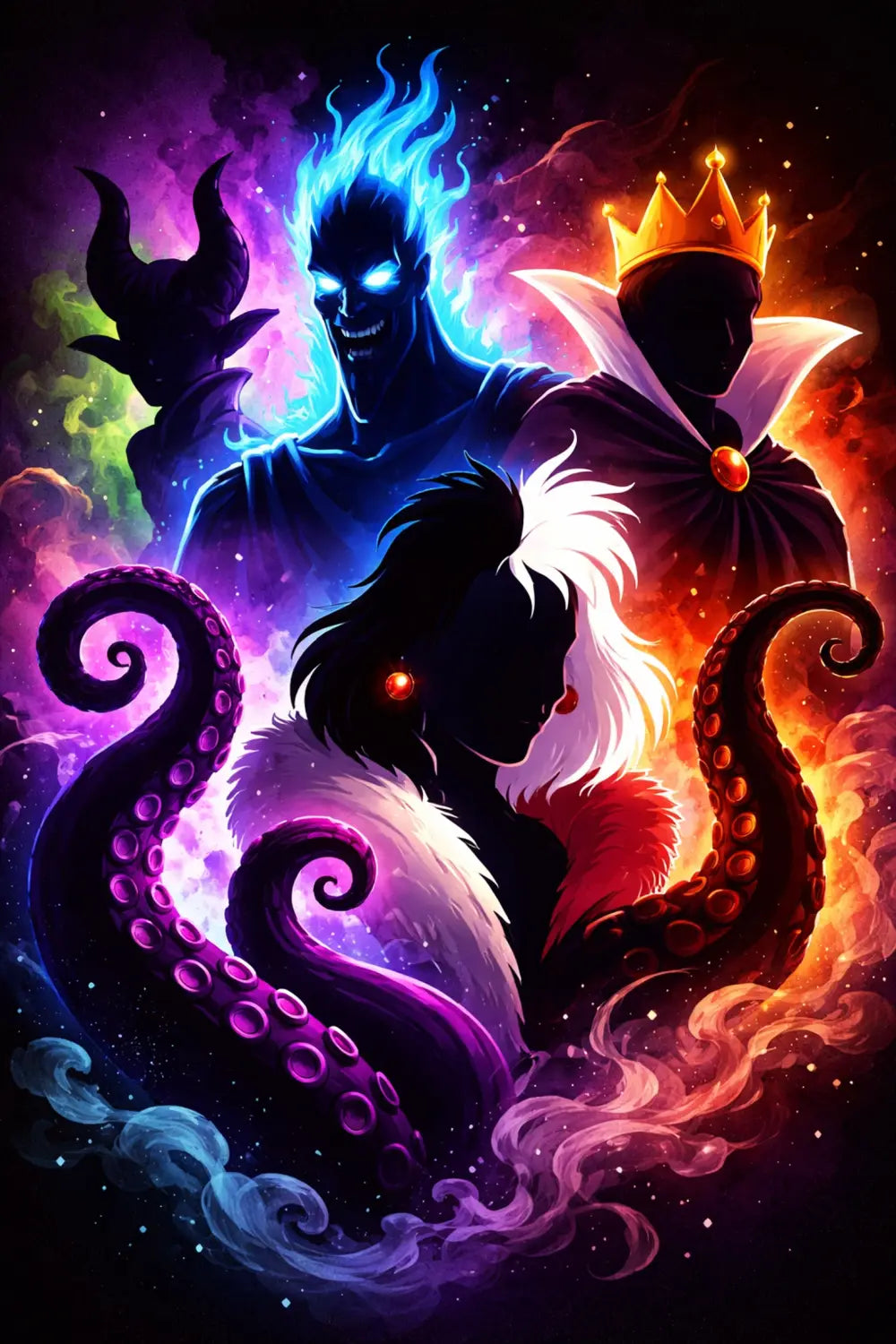 Collage of Disney villain silhouettes, including Ursula, Cruella, Hades, and the Evil Queen, showcasing top villain wallpaper trends.