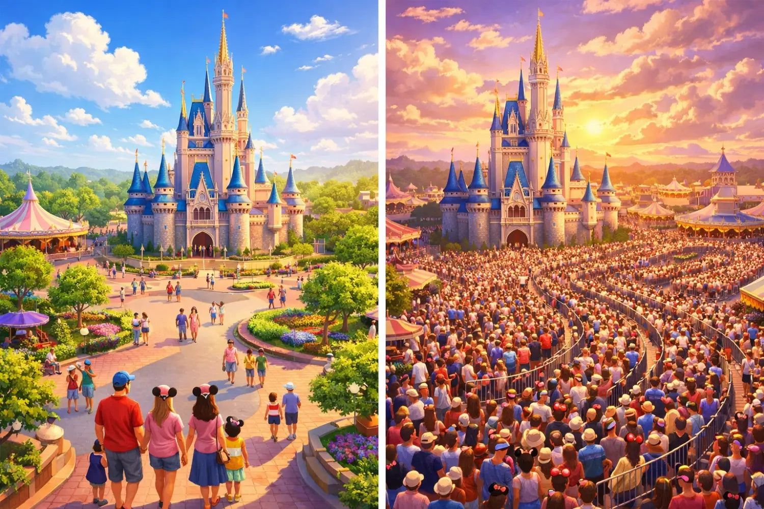 Magic Kingdom crowd comparison showing off-peak vs peak season visitor density at Disney World