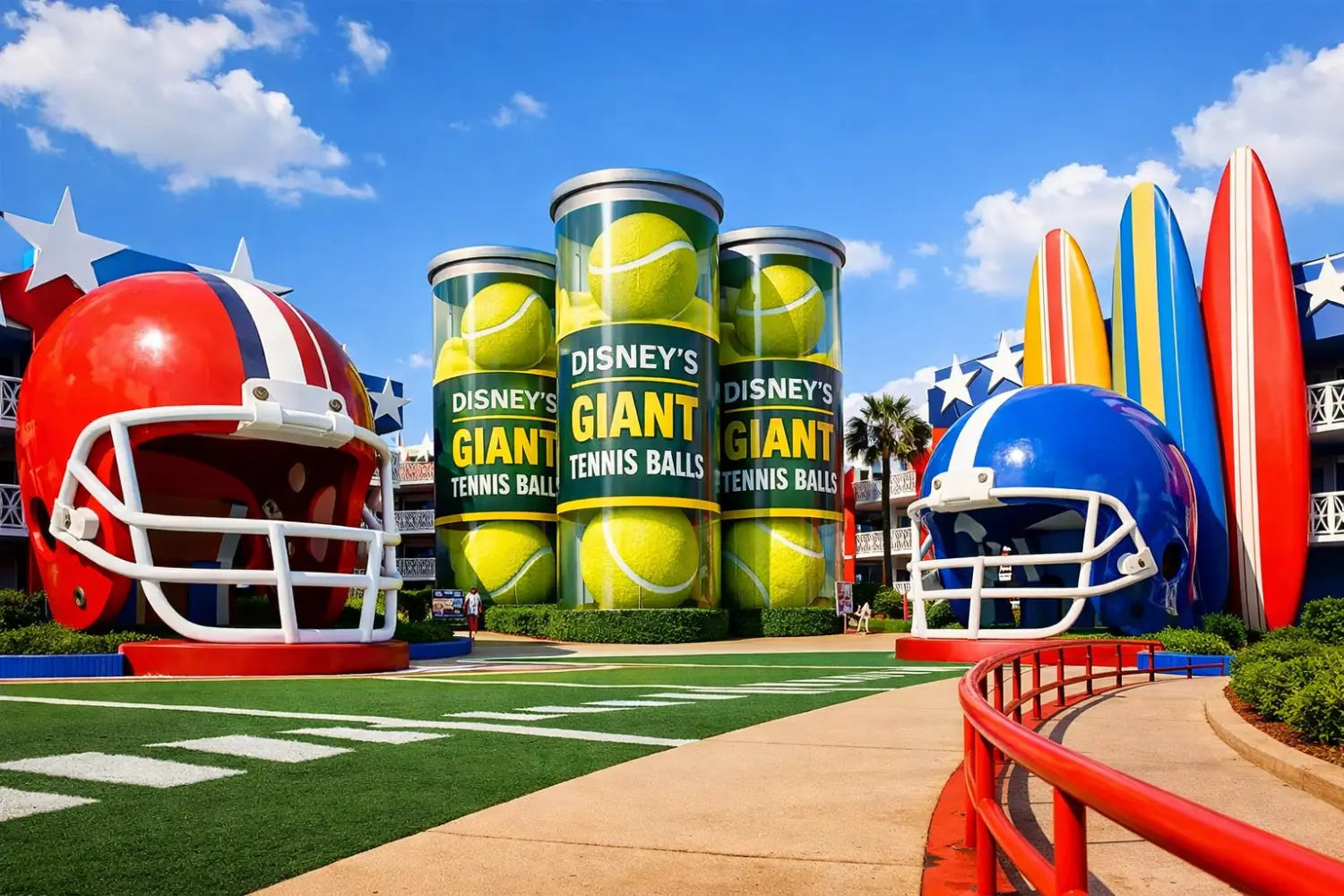 Oversized sports equipment and football helmets at Disney's All-Star Sports Resort courtyard