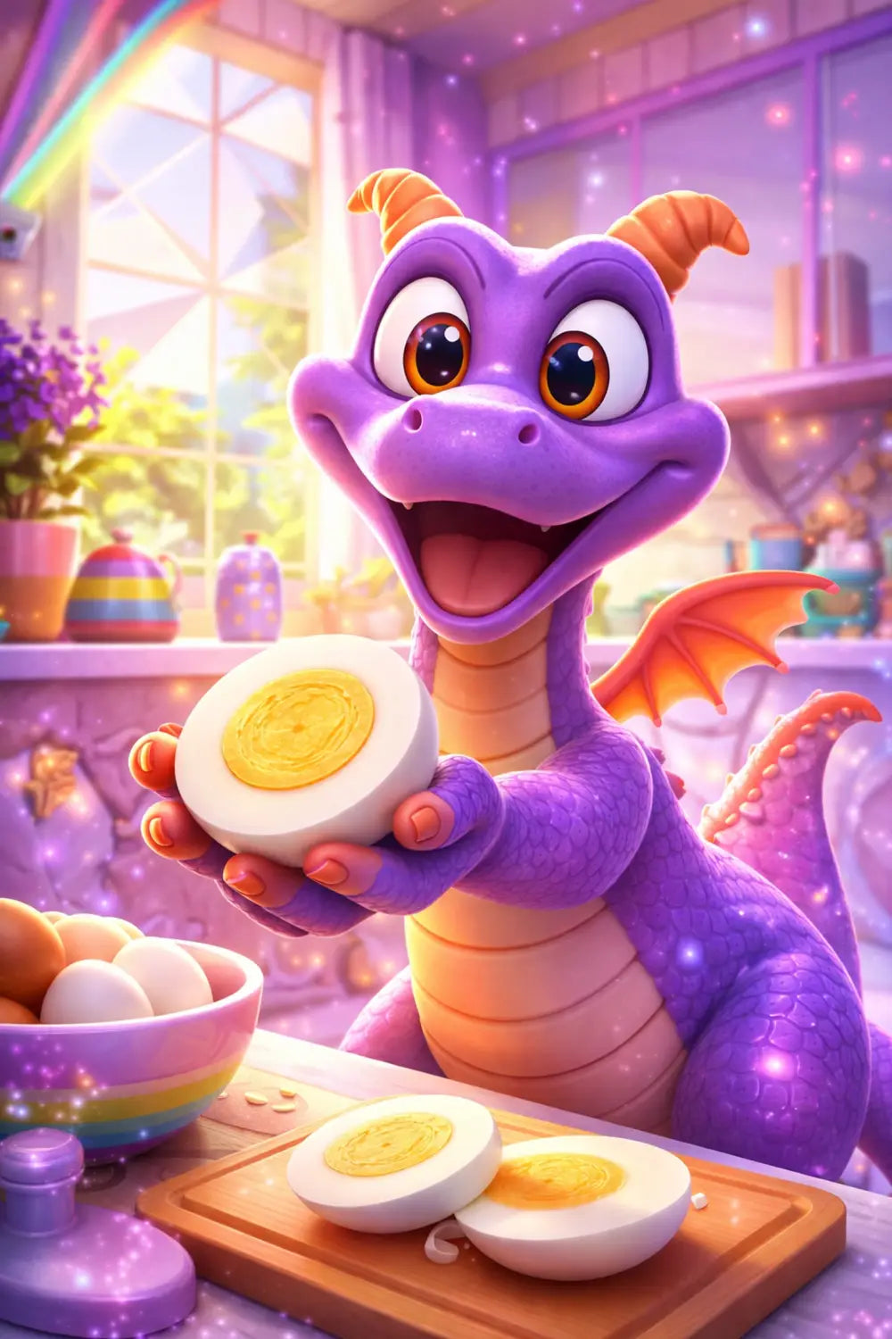 Figment-inspired purple dragon cheerfully slicing a hard-boiled egg in a magical Disney kitchen setting