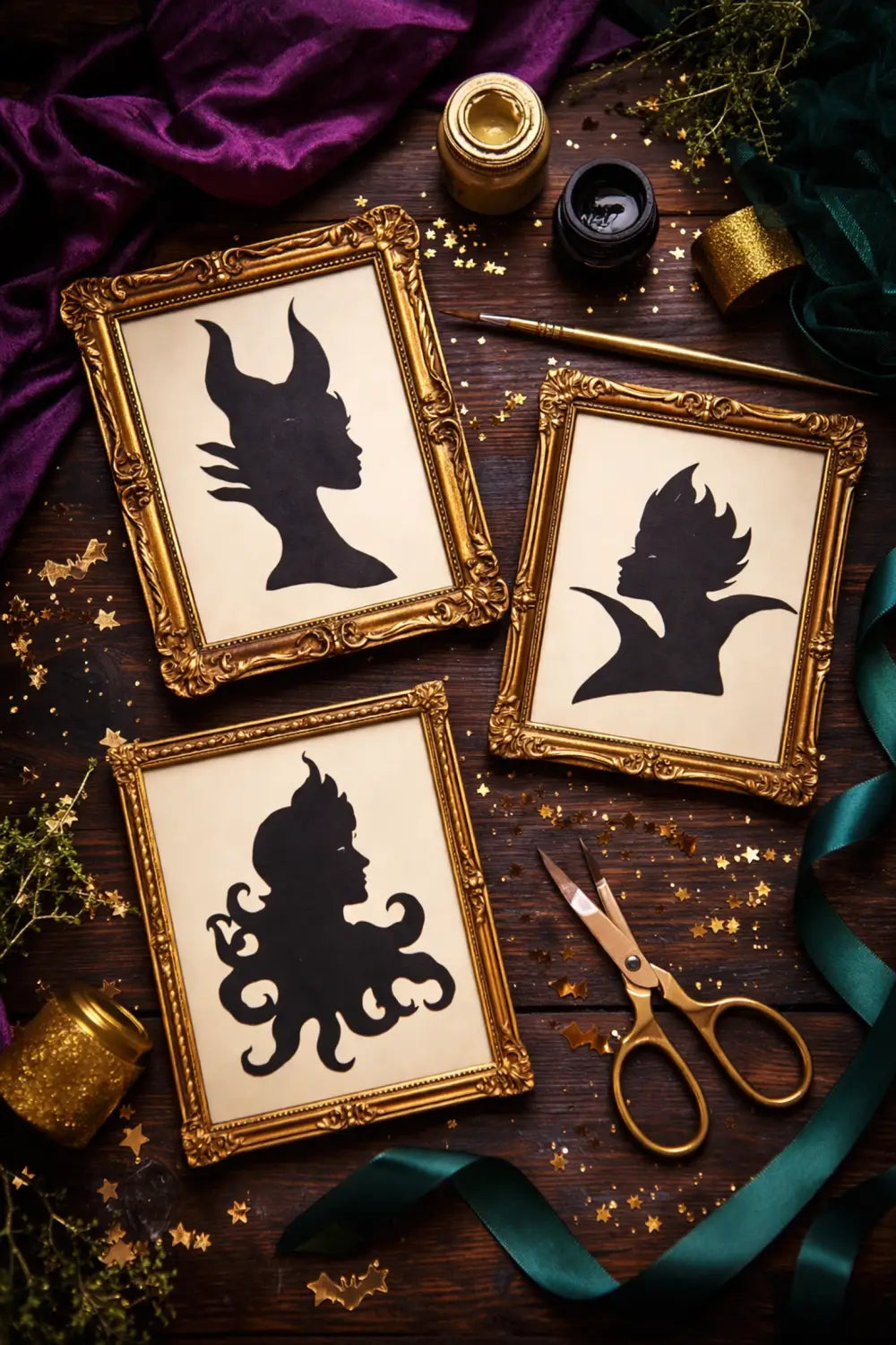 DIY Disney villain silhouette art supplies with gold frames and black cutouts styled for chic adult decor