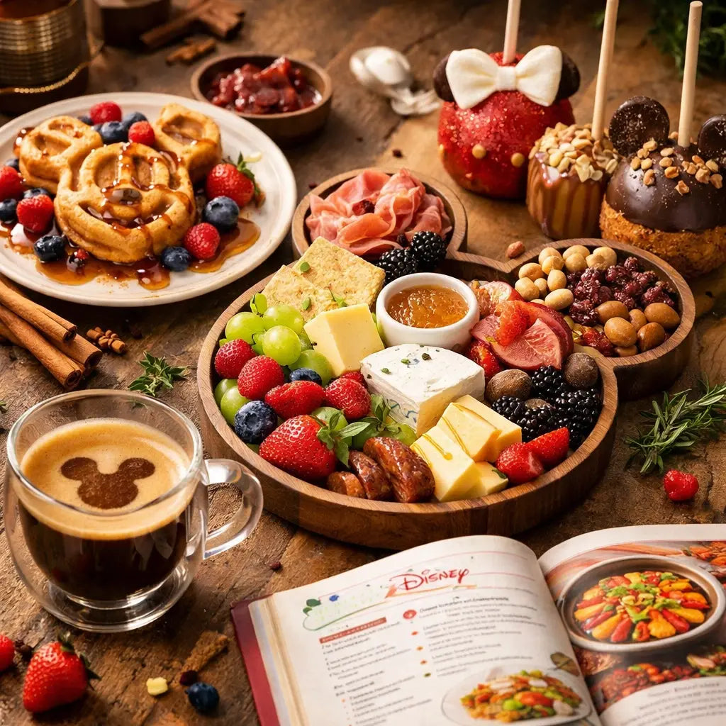 Disney-inspired food gifts featuring Mickey waffles, charcuterie board, and gourmet treats